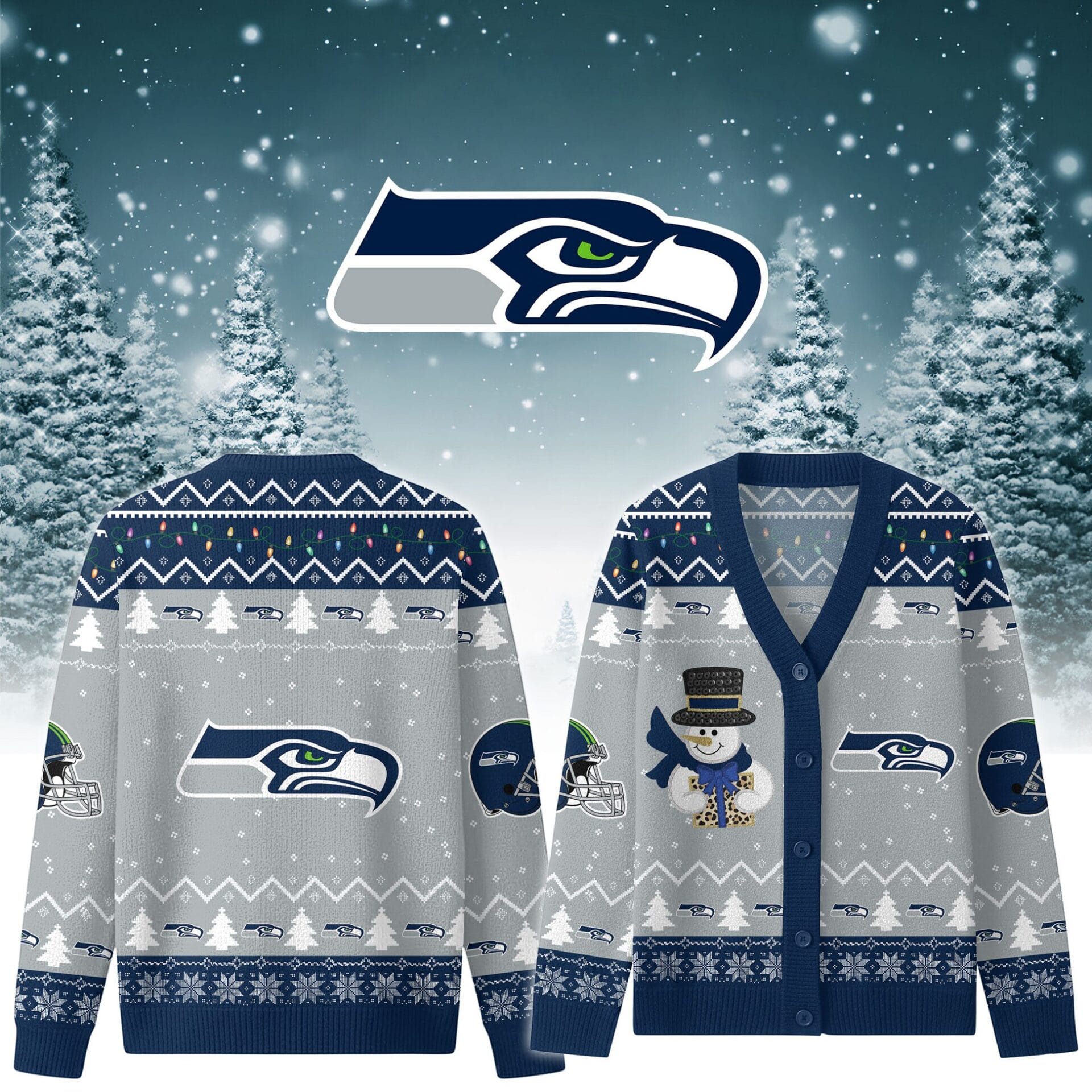 Seattle Seahawks Premium Christmas Knit Cardigan Custom Name AMCCLG001774