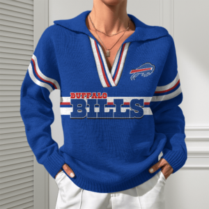 Buffalo Bills Women Customized Name V-Neck Hooded Knit Sweater AMCCLG002354