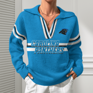 Carolina Panthers Women Customized Name V-Neck Hooded Knit Sweater AMCCLG002357