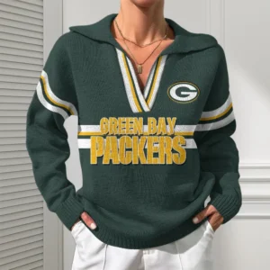 Green Bay Packers Women Customized Name V-Neck Hooded Knit Sweater AMCCLG002381