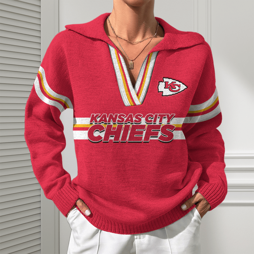 Kansas City Chiefs Women Customized Name V-Neck Hooded Knit Sweater AMCCLG002393