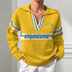 Los Angeles Chargers Women Customized Name V-Neck Hooded Knit Sweater AMCCLG002398