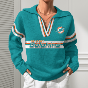 Miami Dolphins Women Customized Name V-Neck Hooded Knit Sweater AMCCLG002402