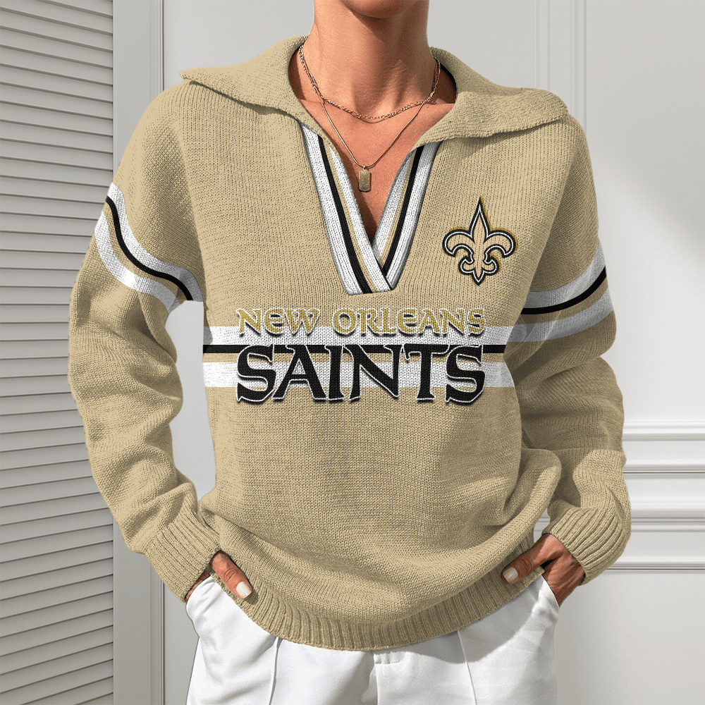 New Orleans Saints Women Customized Name V-Neck Hooded Knit Sweater AMCCLG002408