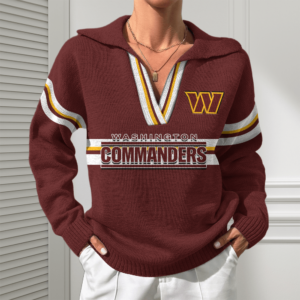 Washington Commanders Women Customized Name V-Neck Hooded Knit Sweater AMCCLG002429
