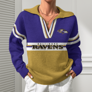Baltimore Ravens Women Customized Name V-Neck Hooded Knit Sweater AMCCLG002352