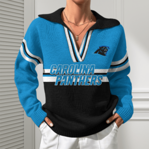 Carolina Panthers Women Customized Name V-Neck Hooded Knit Sweater AMCCLG002358