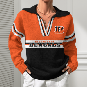 Cincinnati Bengals Women Customized Name V-Neck Hooded Knit Sweater AMCCLG002364