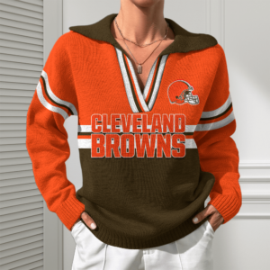 Cleveland Browns Women Customized Name V-Neck Hooded Knit Sweater AMCCLG002368