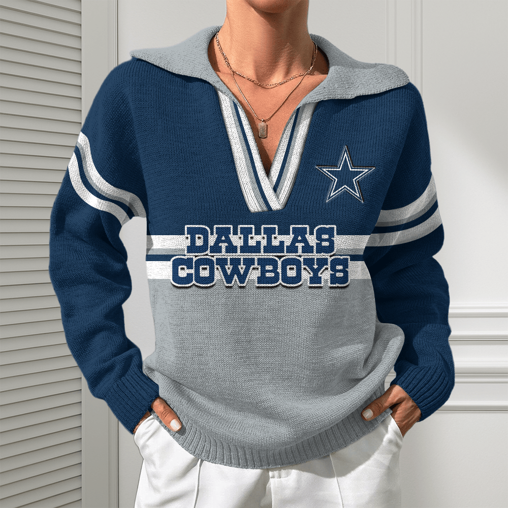 Dallas Cowboys Women Customized Name V-Neck Hooded Knit Sweater AMCCLG002372