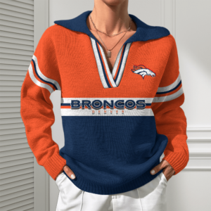 Denver Broncos Women Customized Name V-Neck Hooded Knit Sweater AMCCLG002376