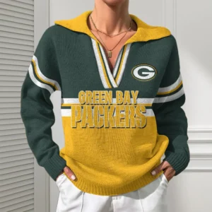 Green Bay Packers Women Customized Name V-Neck Hooded Knit Sweater AMCCLG002382