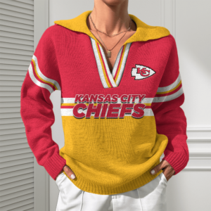 Kansas City Chiefs Women Customized Name V-Neck Hooded Knit Sweater AMCCLG002394