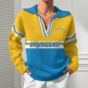 Los Angeles Chargers Women Customized Name V-Neck Hooded Knit Sweater AMCCLG002399