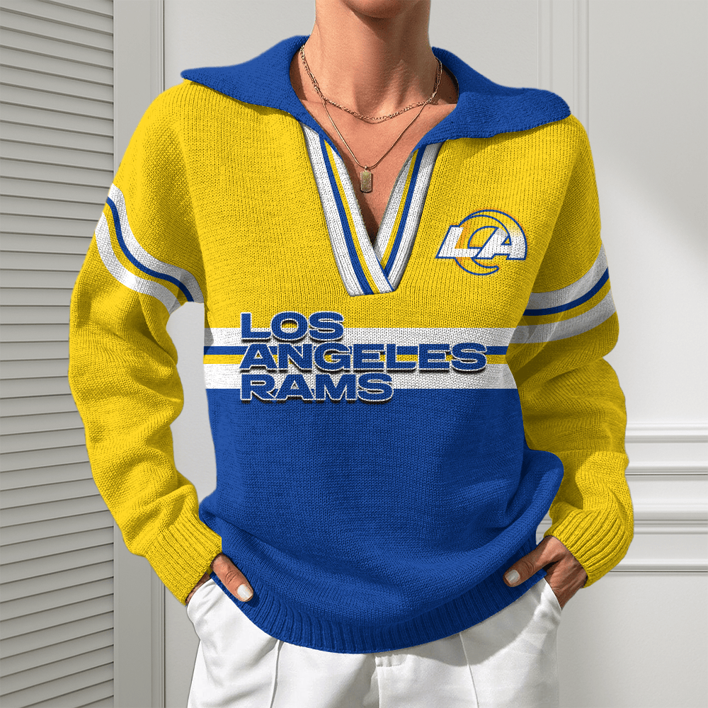 Los Angeles Rams Women Customized Name V-Neck Hooded Knit Sweater AMCCLG002401