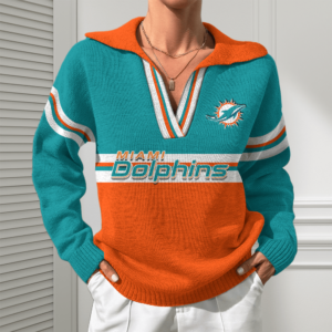 Miami Dolphins Women Customized Name V-Neck Hooded Knit Sweater AMCCLG002403