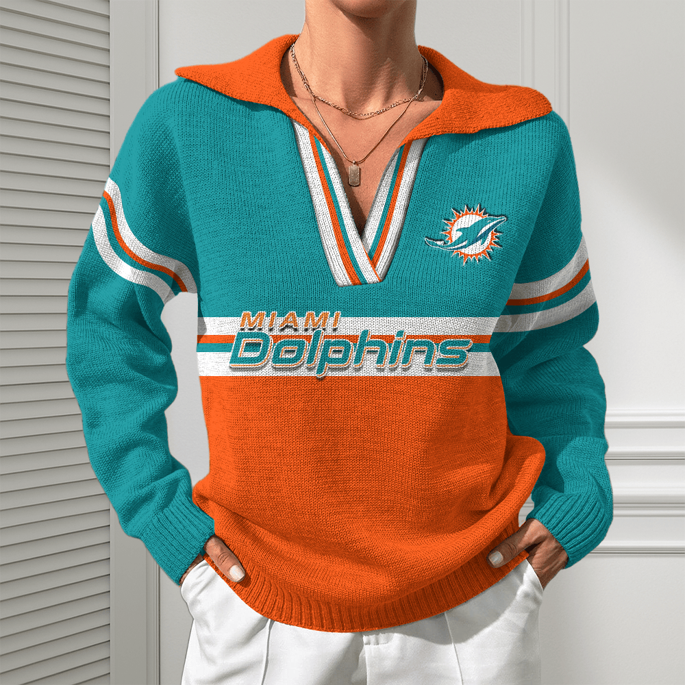 Miami Dolphins Women Customized Name V-Neck Hooded Knit Sweater AMCCLG002403