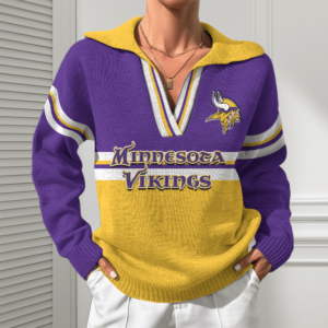 Minnesota Vikings Women Customized Name V-Neck Hooded Knit Sweater AMCCLG002405