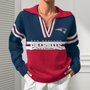 New England Patriots Women Customized Name V-Neck Hooded Knit Sweater AMCCLG002407