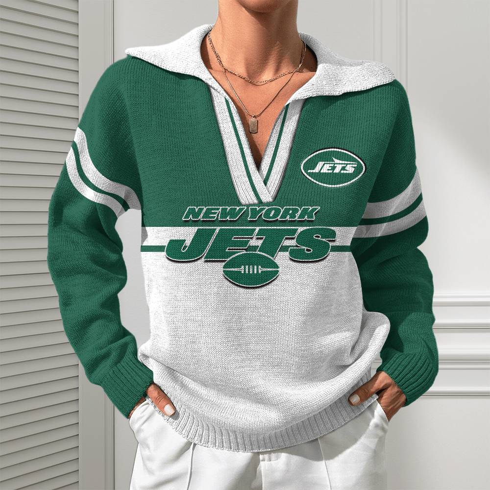 New York Jets Women Customized Name V-Neck Hooded Knit Sweater AMCCLG002413