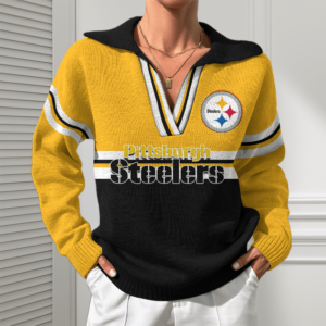 Pittsburgh Steelers Women Customized Name V-Neck Hooded Knit Sweater AMCCLG002417