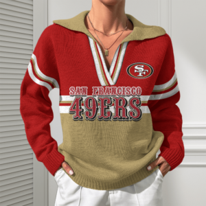 San Francisco 49ers Women Customized Name V-Neck Hooded Knit Sweater AMCCLG002419