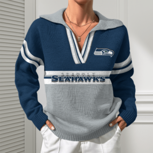 Seattle Seahawks Women Customized Name V-Neck Hooded Knit Sweater AMCCLG002421