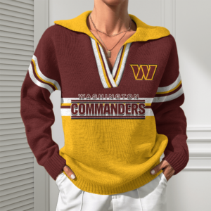 Washington Commanders Women Customized Name V-Neck Hooded Knit Sweater AMCCLG002430