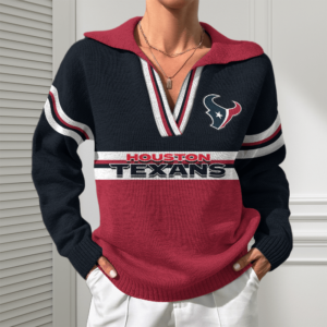 Houston Texans Women Customized Name V-Neck Hooded Knit Sweater AMCCLG002385