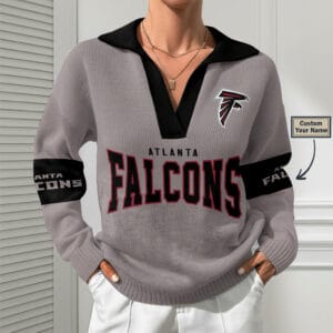 Atlanta Falcons Women Customized Name V-Neck Hooded Knit Sweater AMCCLG002350
