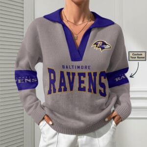 Baltimore Ravens Women Customized Name V-Neck Hooded Knit Sweater AMCCLG002353
