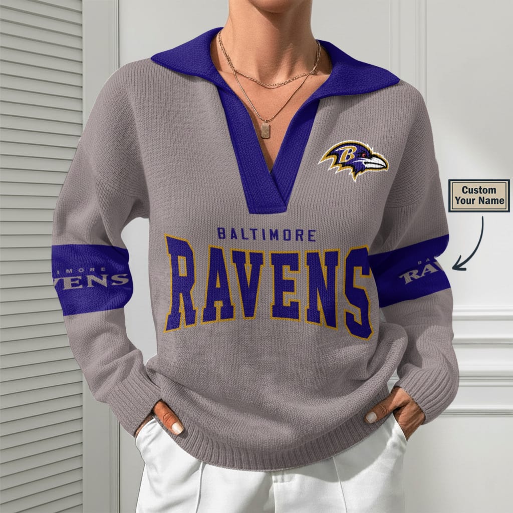 Baltimore Ravens Women Customized Name V-Neck Hooded Knit Sweater AMCCLG002353