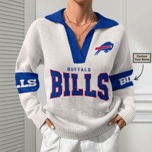 Buffalo Bills Women Customized Name V-Neck Hooded Knit Sweater AMCCLG002356