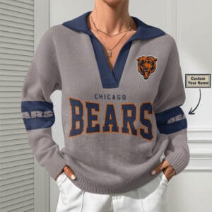 Chicago Bears Women Customized Name V-Neck Hooded Knit Sweater AMCCLG002362