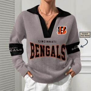 Cincinnati Bengals Women Customized Name V-Neck Hooded Knit Sweater AMCCLG002365
