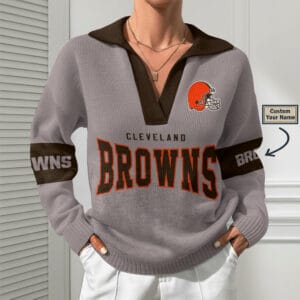 Cleveland Browns Women Customized Name V-Neck Hooded Knit Sweater AMCCLG002369