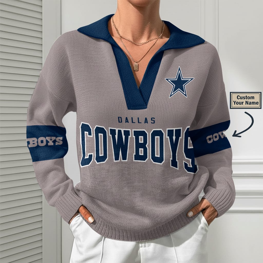 Dallas Cowboys Women Customized Name V-Neck Hooded Knit Sweater AMCCLG002373