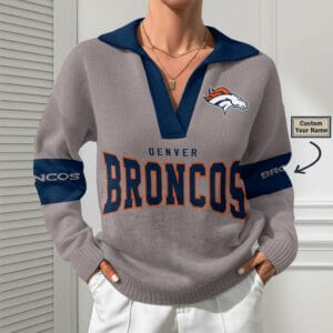 Denver Broncos Women Customized Name V-Neck Hooded Knit Sweater AMCCLG002377