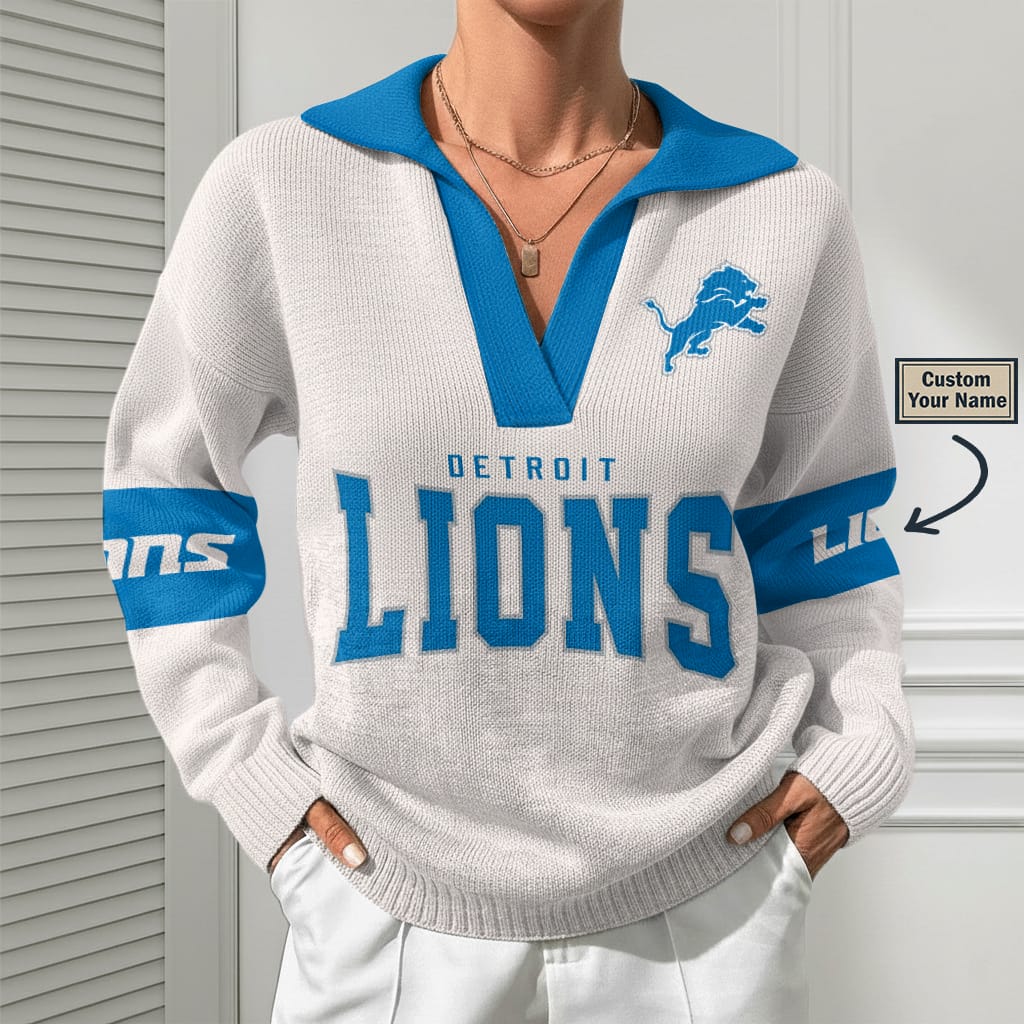 Detroit Lions Women Customized Name V-Neck Hooded Knit Sweater AMCCLG002380