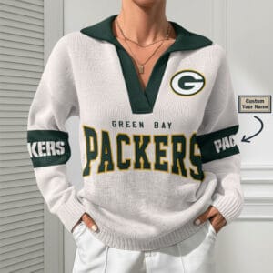 Green Bay Packers Women Customized Name V-Neck Hooded Knit Sweater AMCCLG002383