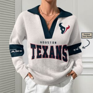 Houston Texans Women Customized Name V-Neck Hooded Knit Sweater AMCCLG002386