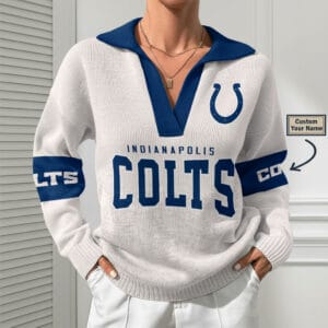 Indianapolis Colts Women Customized Name V-Neck Hooded Knit Sweater AMCCLG002389