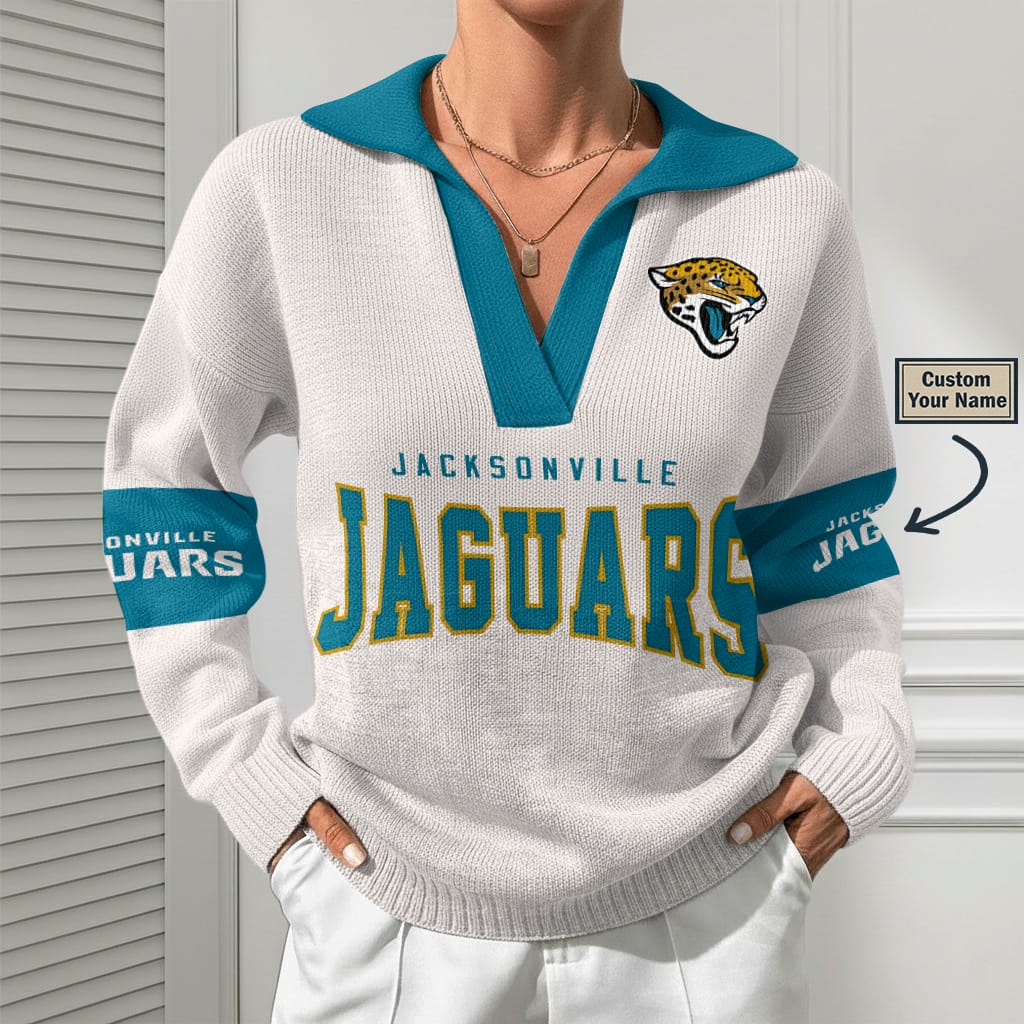 Jacksonville Jaguars Women Customized Name V-Neck Hooded Knit Sweater AMCCLG002392