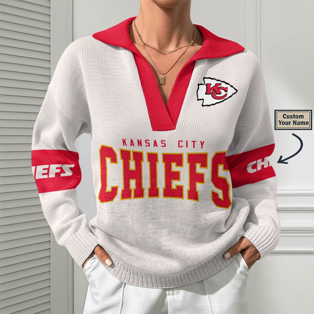 Kansas City Chiefs Women Customized Name V-Neck Hooded Knit Sweater AMCCLG002395