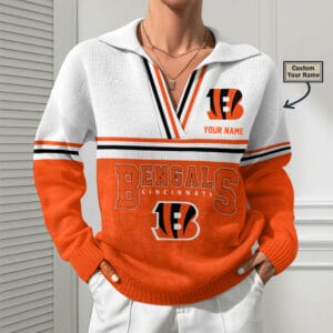Cincinnati Bengals Women Customized Name V-Neck Hooded Knit Sweater AMCCLG002366