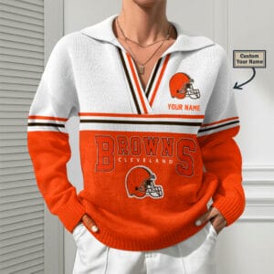 Cleveland Browns Women Customized Name V-Neck Hooded Knit Sweater AMCCLG002370