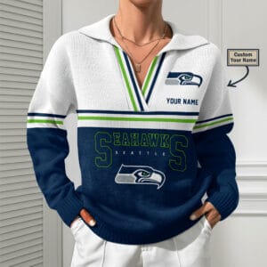Seattle Seahawks Women Customized Name V-Neck Hooded Knit Sweater AMCCLG002422