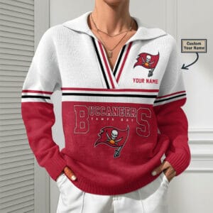 Tampa Bay Buccaneers Women Customized Name V-Neck Hooded Knit Sweater AMCCLG002425