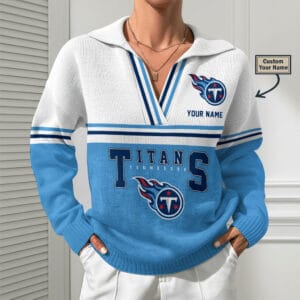 Tennessee Titans Women Customized Name V-Neck Hooded Knit Sweater AMCCLG002428